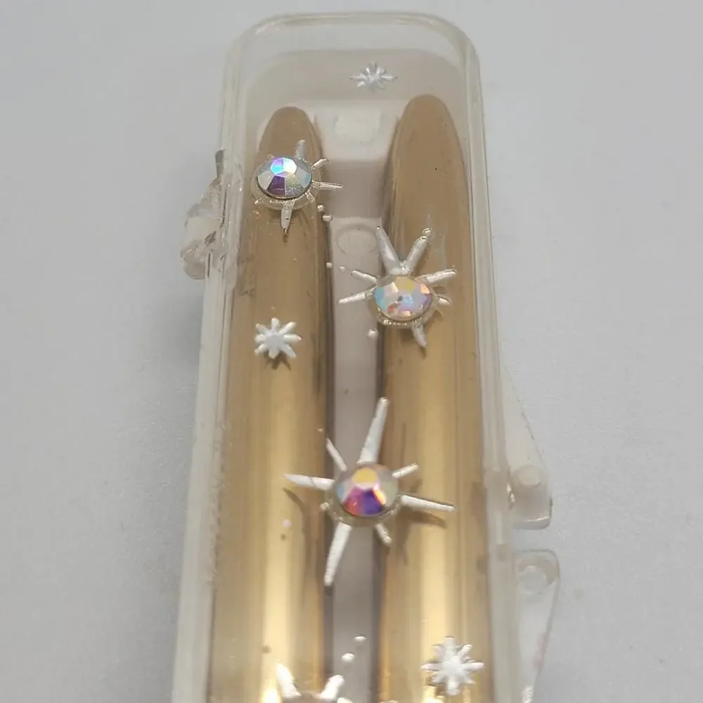 Mid Century Atomic Pen Set‎ Gold Star Rhinestone Clear Case Statement Piece